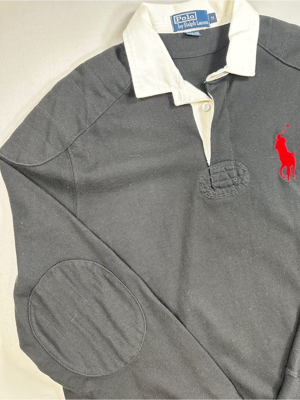 Vintage Polo Ralph Lauren Rugby Shirt Men’s M Black Red Pony Elbow Patches - Picture 8 of 10